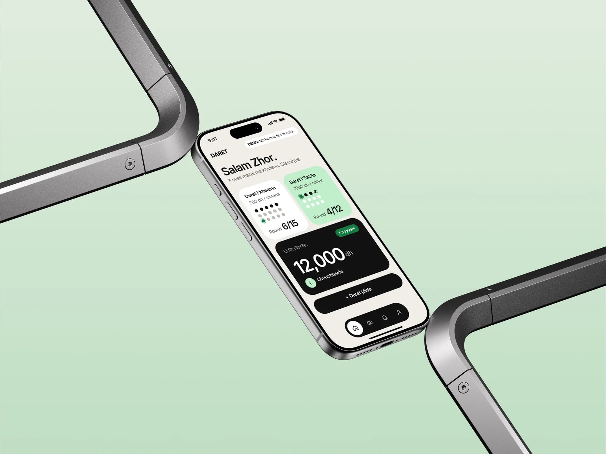 An iPhone on a mint ground, angled against a metal frame, showing the Daret home screen with both circles running.
