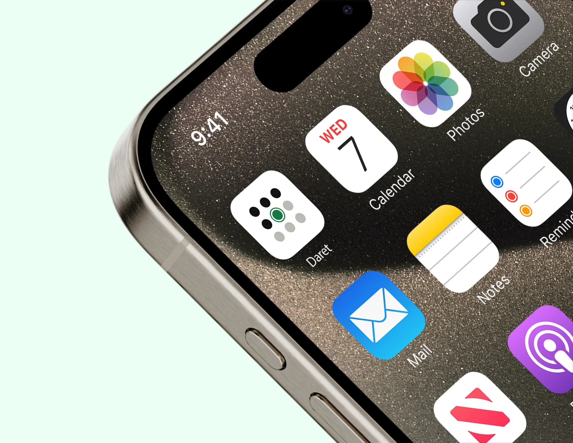 An iPhone home screen, close up, with the Daret icon among the system apps: a three by three grid of dots with one ringed in green.