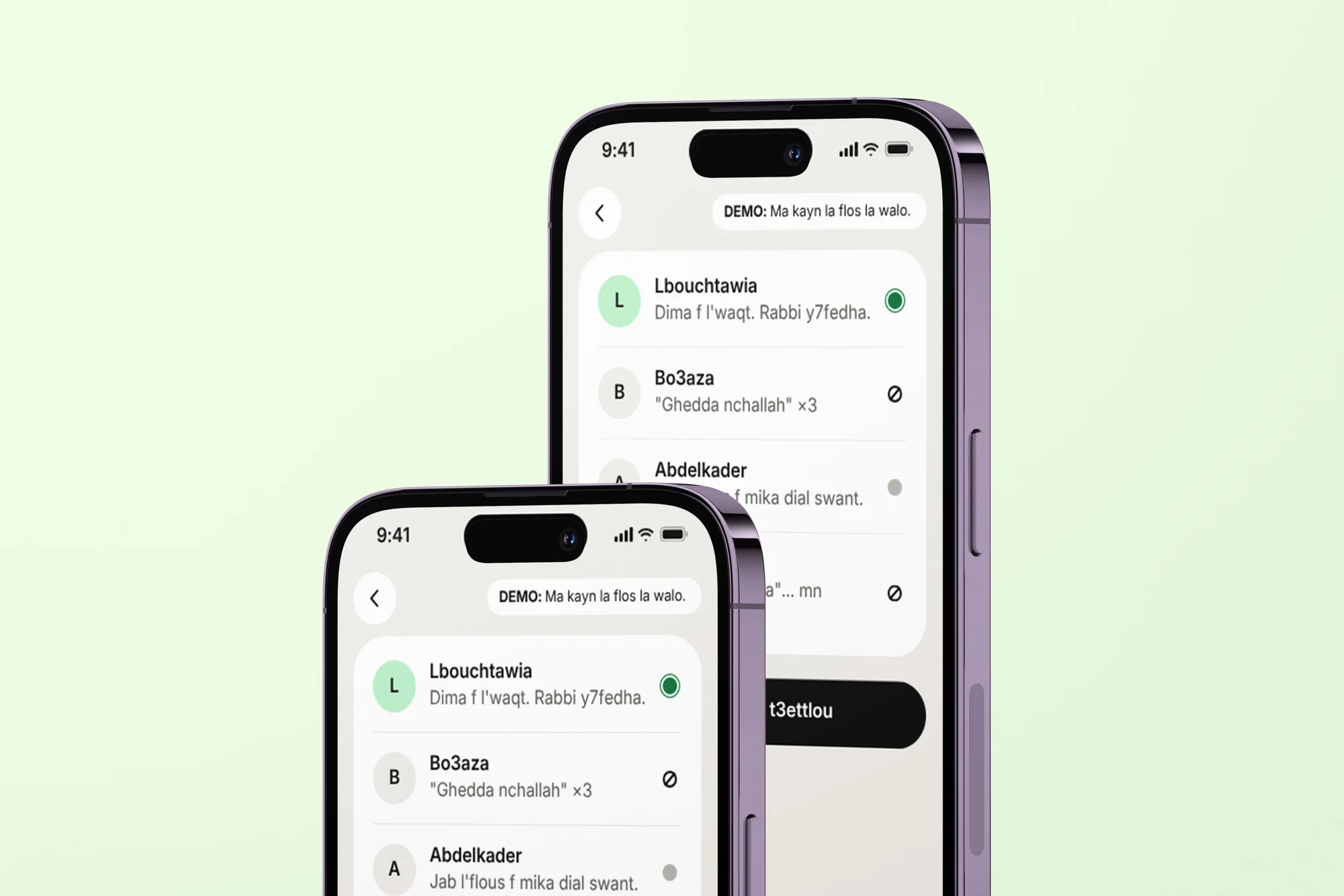 Two iPhones overlapping on a pale green ground, both showing the member list with each person's payment status.