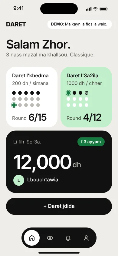 The Daret home screen: Salam Zhor, two circles side by side with their round counts, and a dark card showing 12,000 dh going to Lbouchtawia in three days.