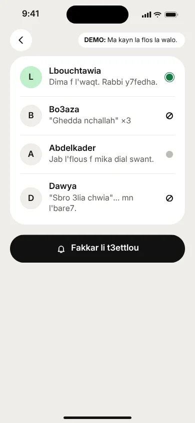 The member list with each person’s status and a button to remind whoever is late.