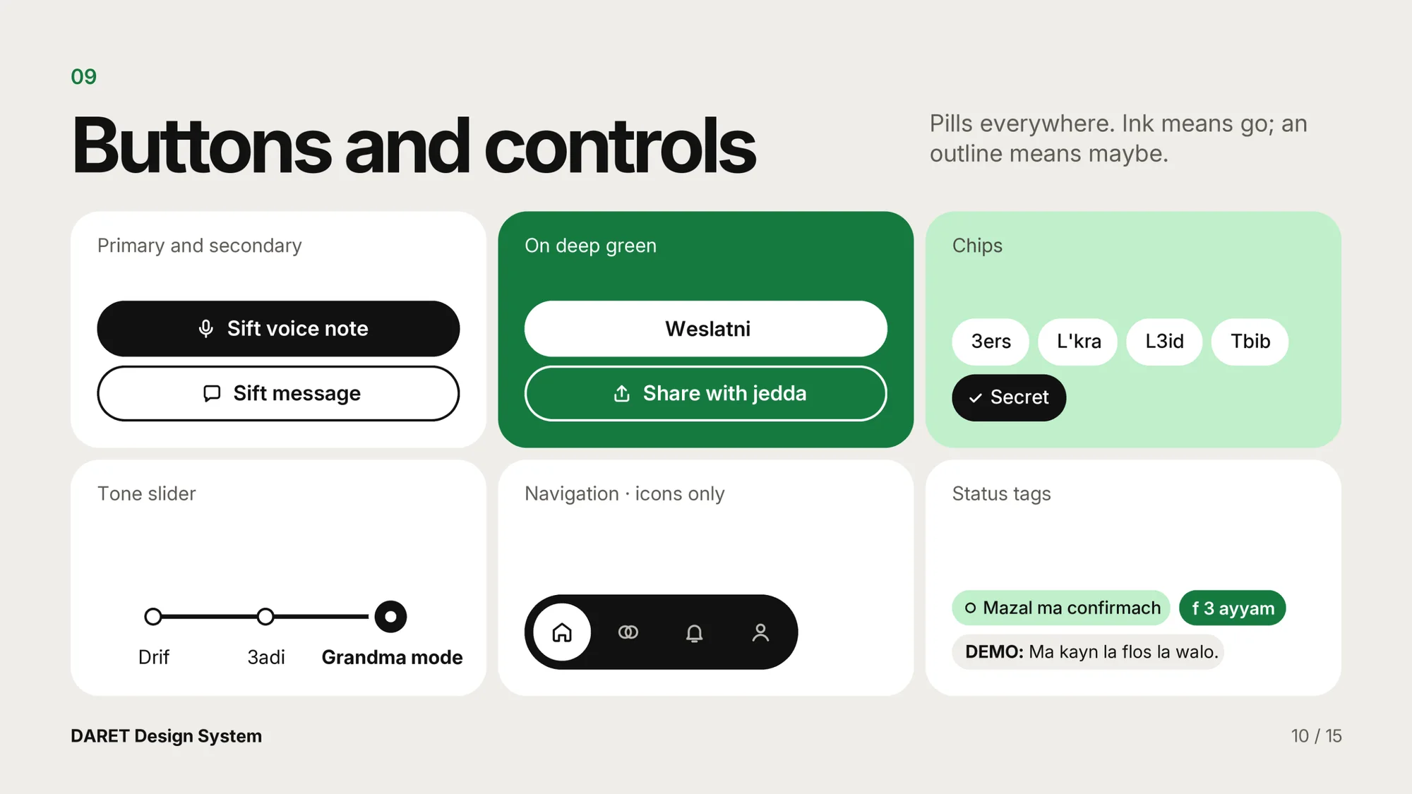 The buttons page: primary and secondary buttons, buttons on green, chips, a tone slider and the icon-only navigation.