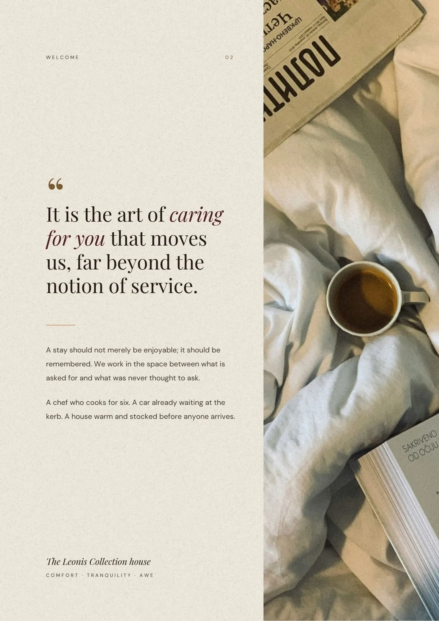 Manifesto spread. A pull quote on caring for the guest, set beside a photograph of morning coffee in bed.