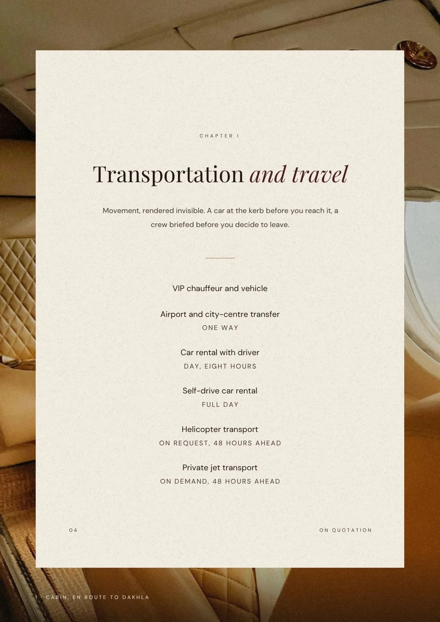 Transportation and travel chapter. Chauffeur, transfers, helicopter and private jet, set over a car interior.