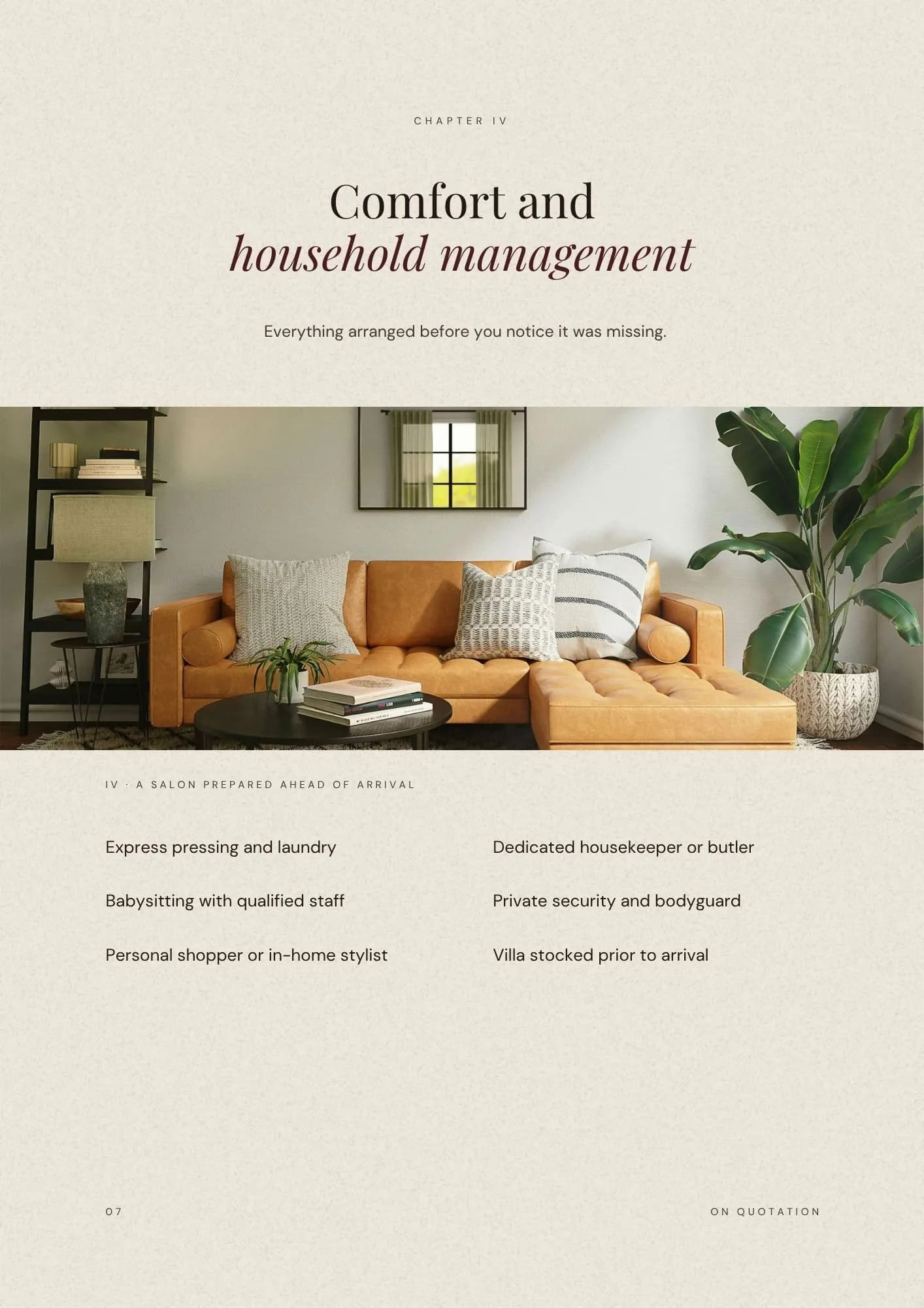 Household management chapter. Housekeeping, security and stocking services above a sunlit salon.