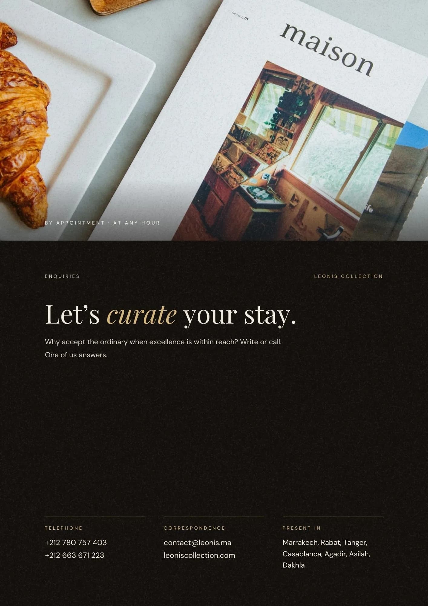 Contact page. Enquiry details on a dark panel under the line Let us curate your stay.