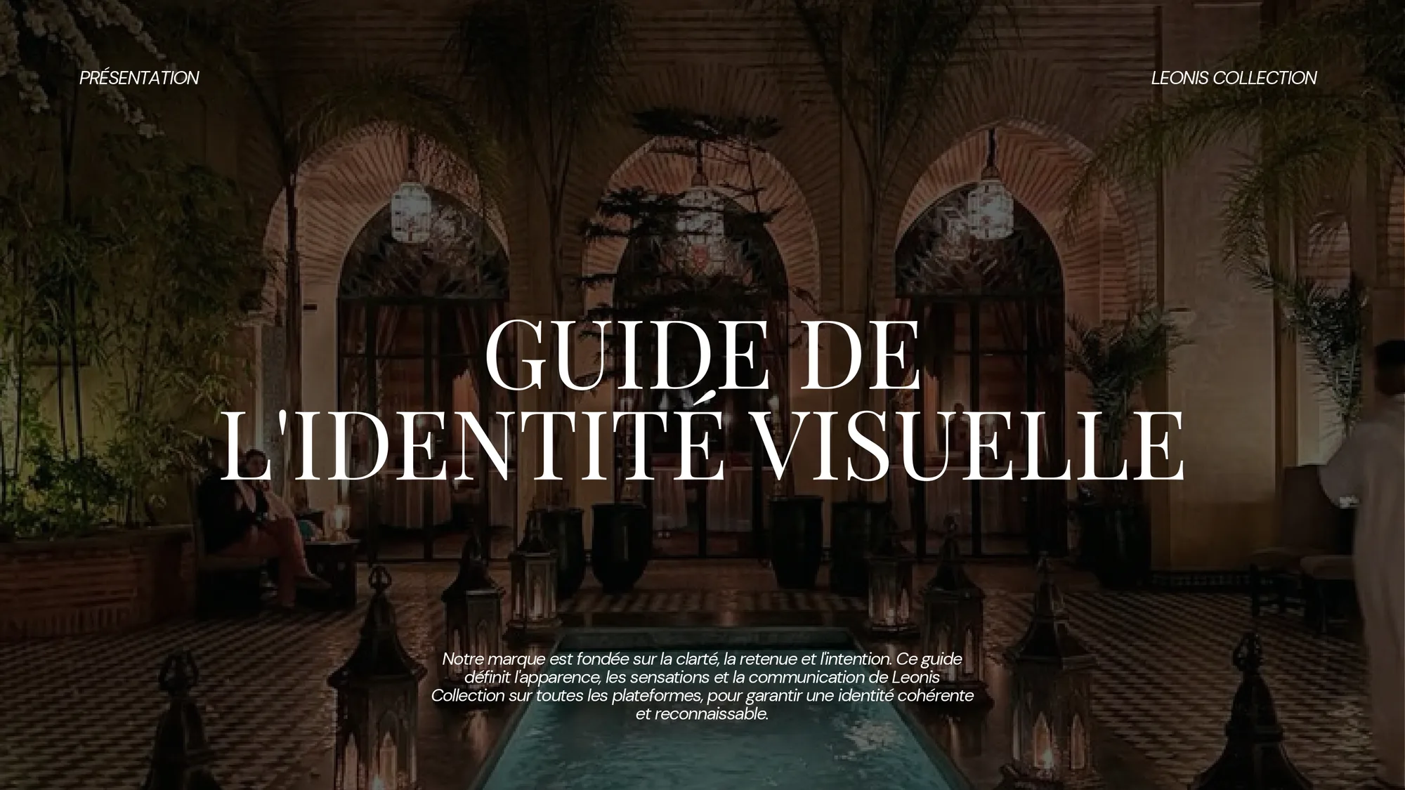 Identity guide cover: Guide de l'identité visuelle, over a Moroccan courtyard at night.