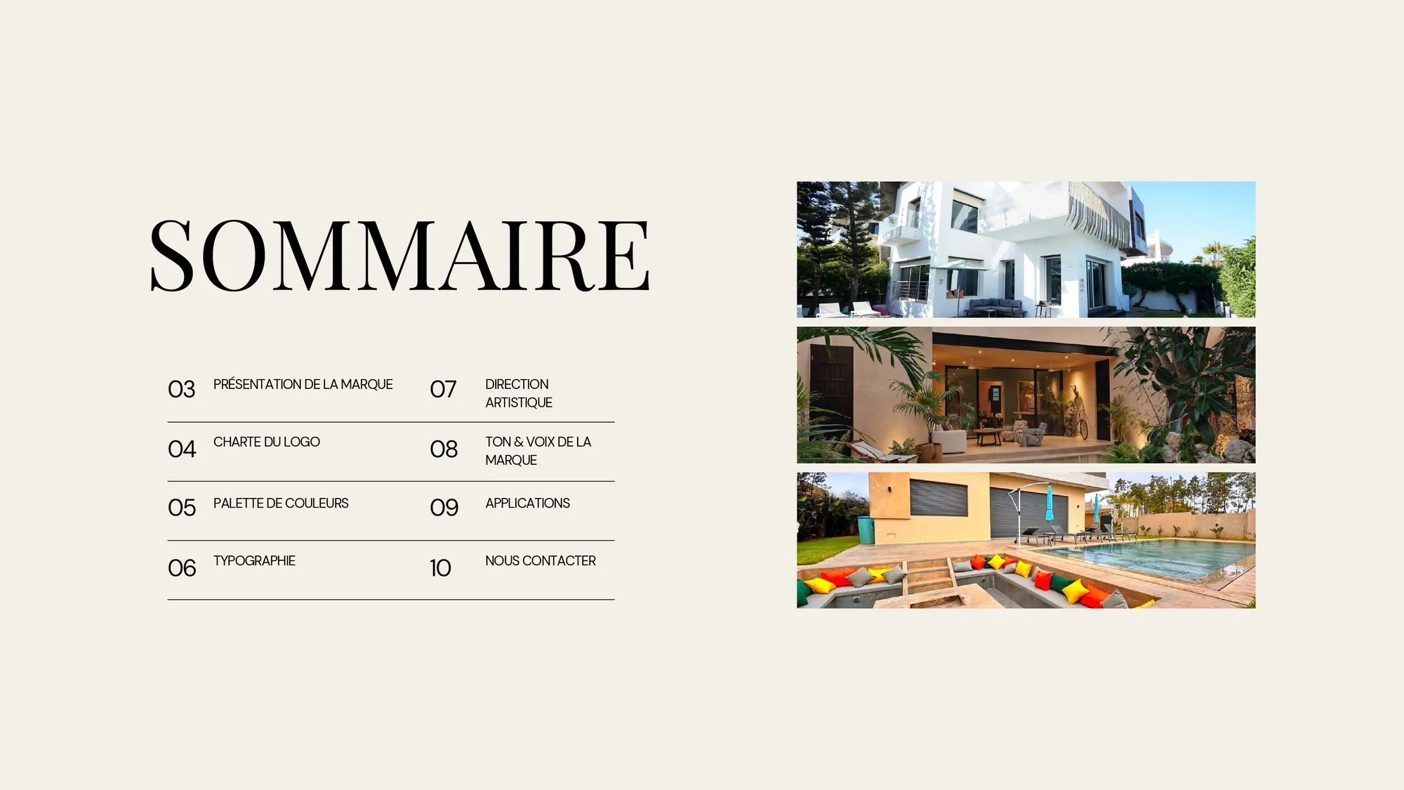 Contents page of the identity guide, with a strip of villa photography.