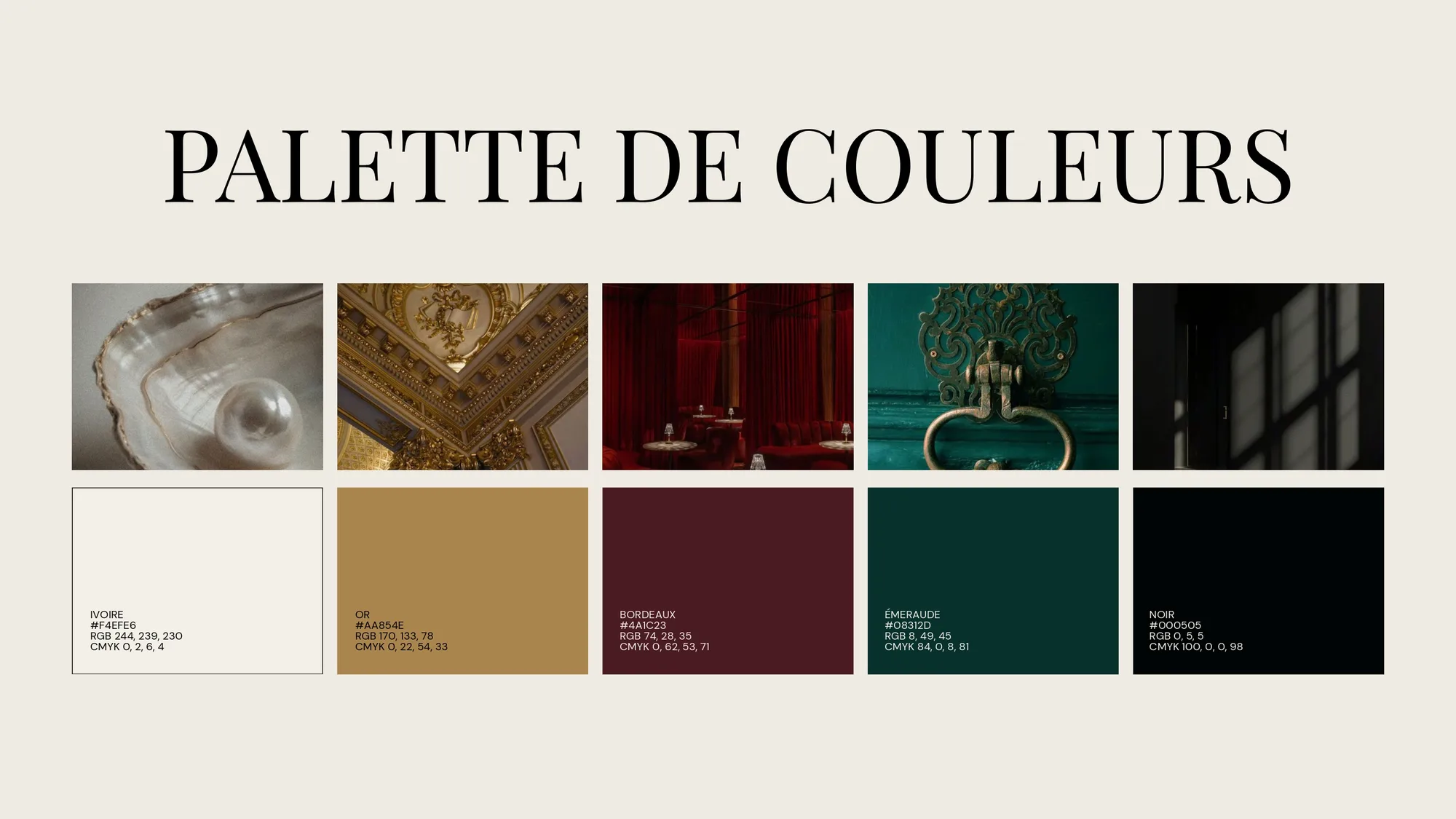 Colour palette page: ivory, gold, bordeaux, emerald and black with values.