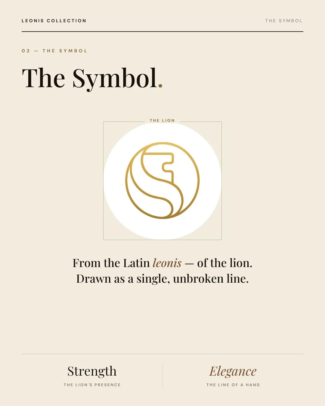 Identity slide explaining the Leonis symbol: a single unbroken line drawn as a lion, between the words Strength and Elegance.