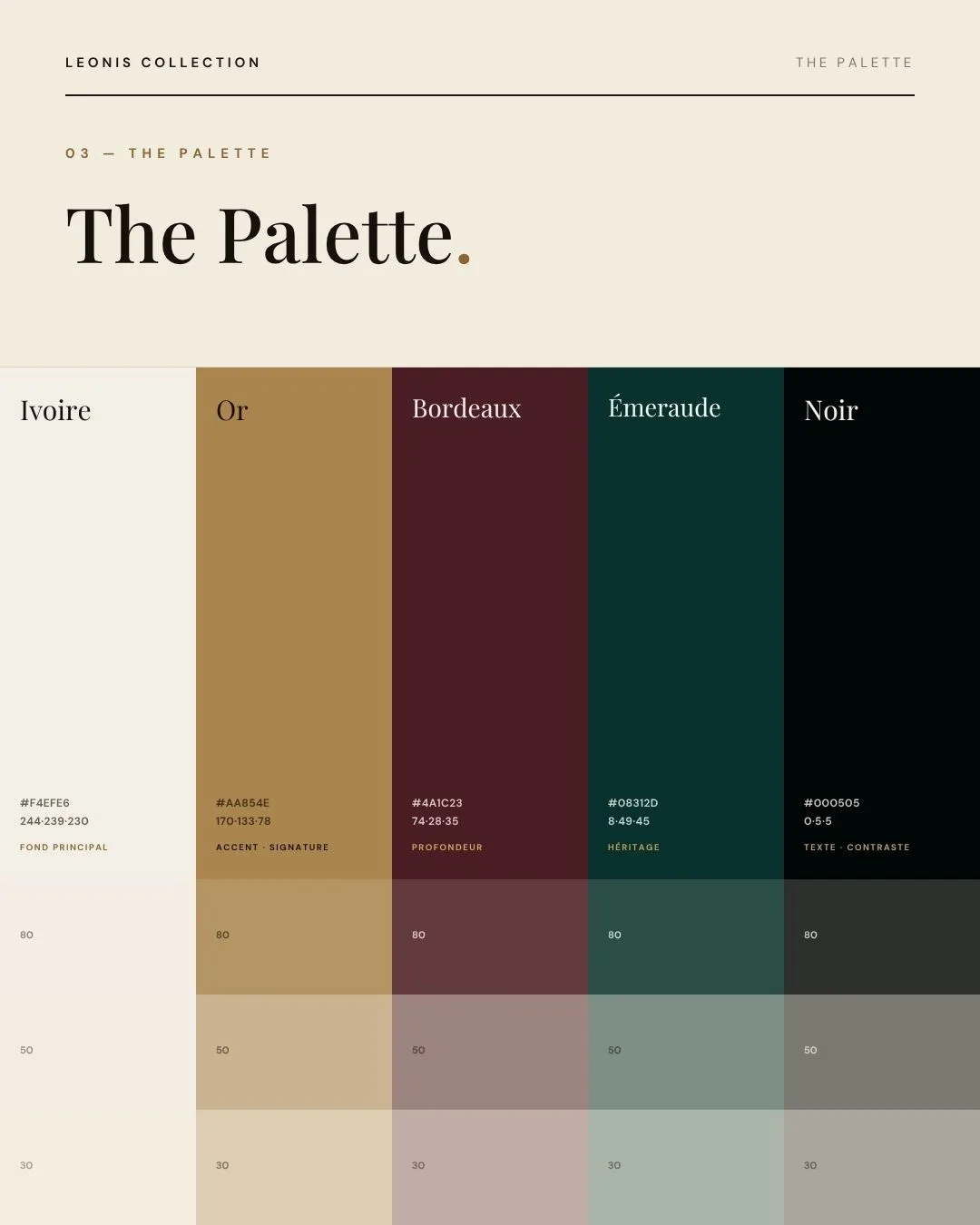 Social slide four: The Palette. Ivoire, Or, Bordeaux, Émeraude and Noir with values.