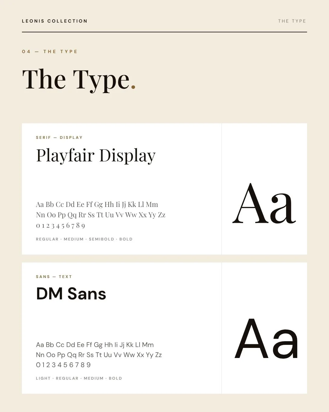 Social slide five: The Type. Playfair Display and DM Sans specimens.