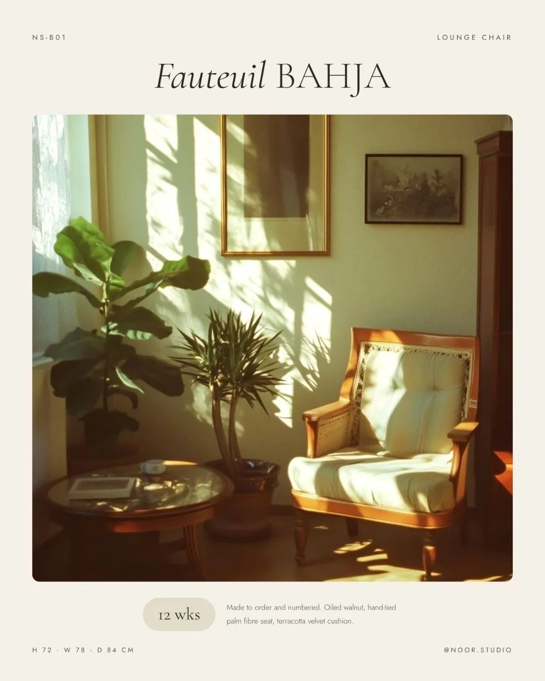 Fauteuil Bahja specification slide. Oiled walnut, palm fibre seat, terracotta velvet cushion, twelve weeks.