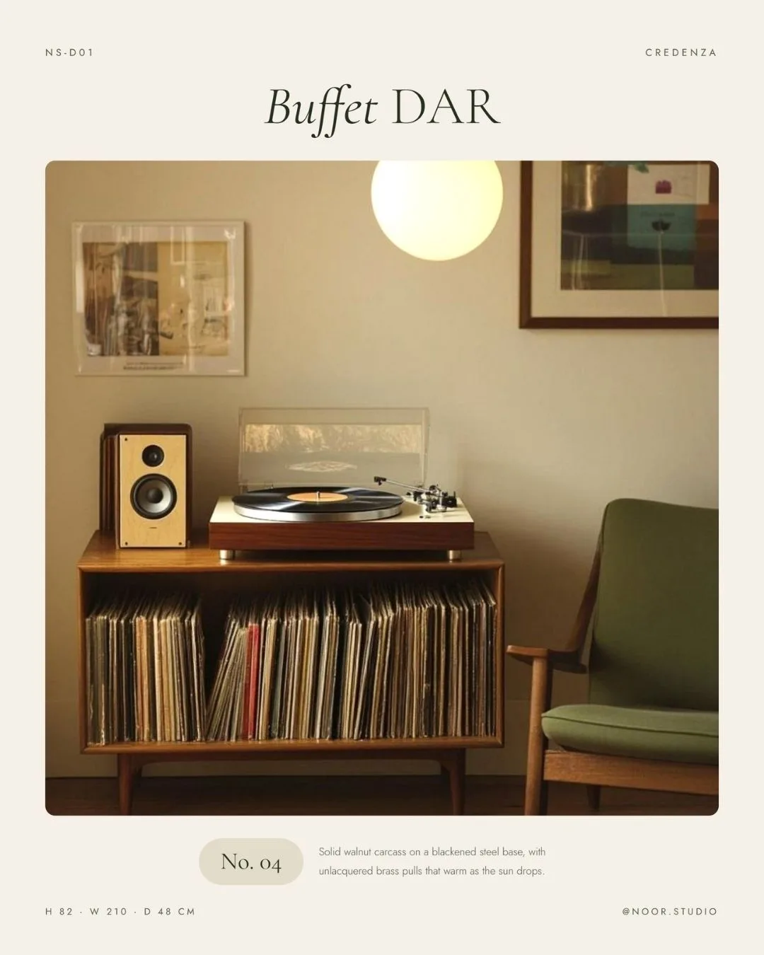 Buffet Dar specification slide. Solid walnut carcass on a blackened steel base.