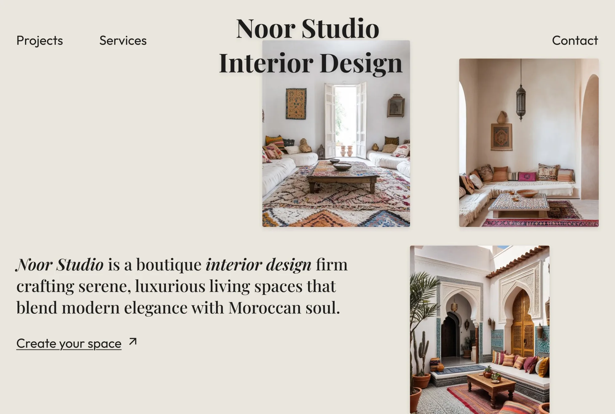 Noor Studio landing page hero. Serif masthead beside an asymmetric cluster of interior photographs.