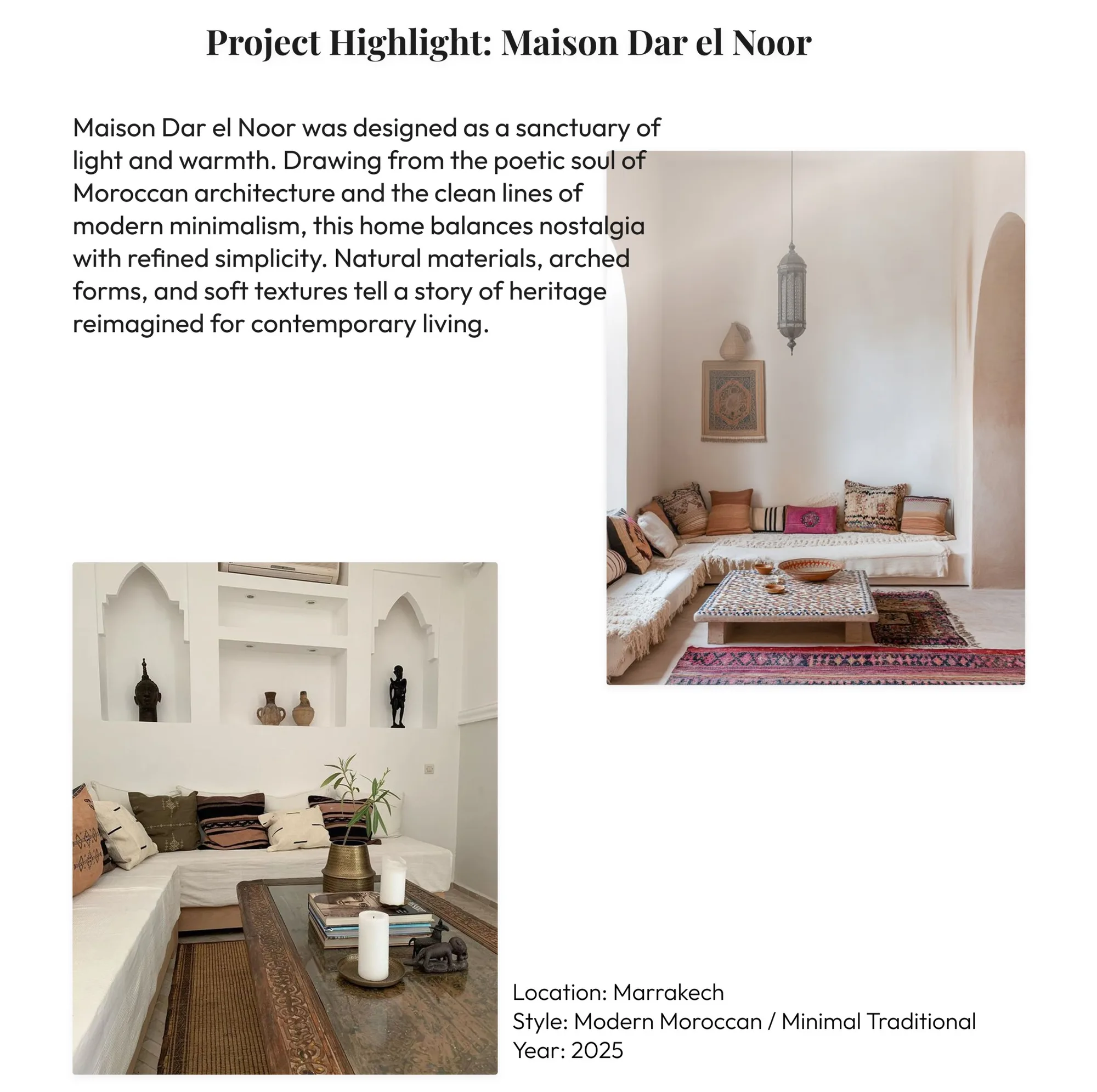 Project highlight layout for Maison Dar el Noor, with body copy and two interior photographs.