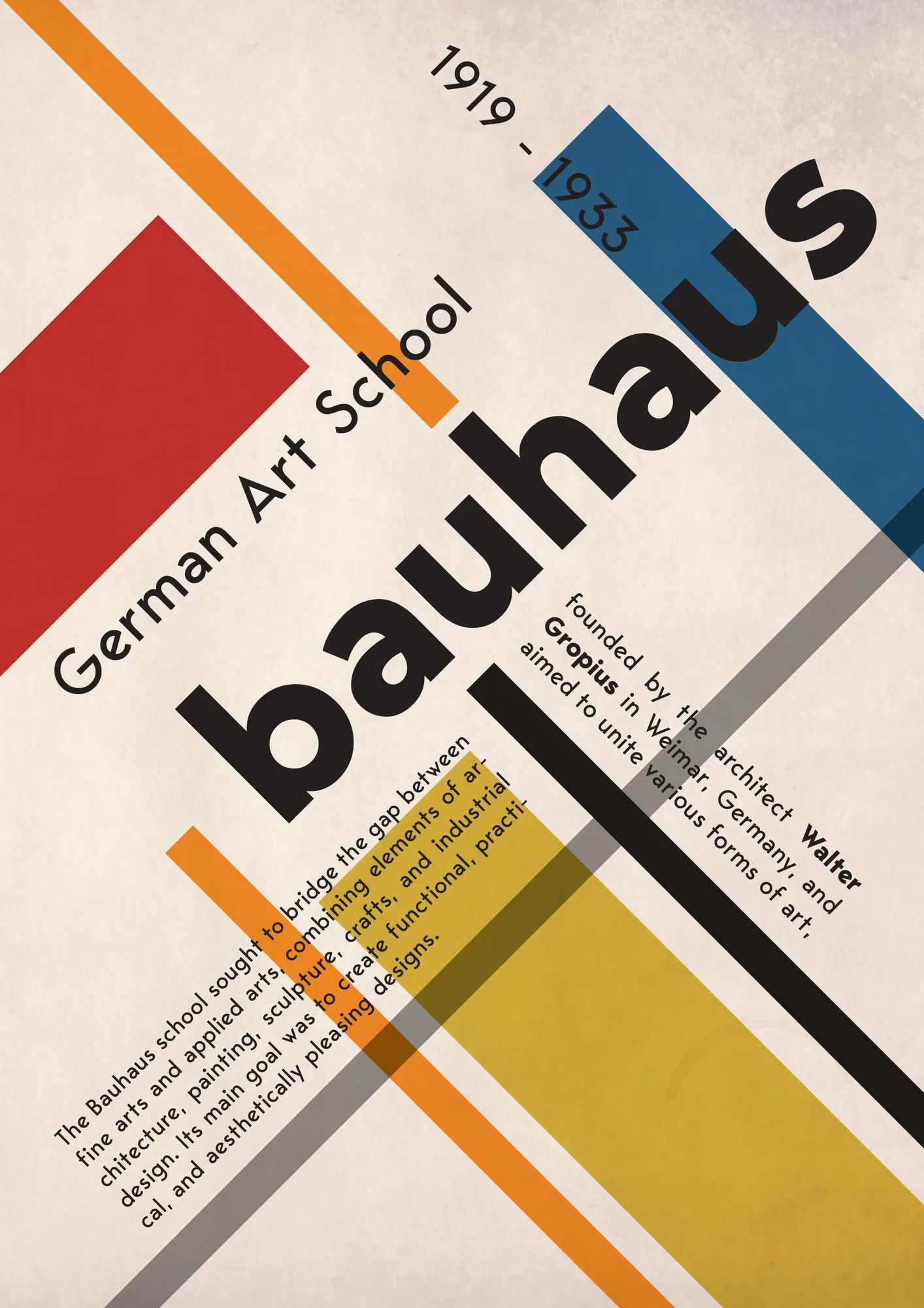 Bauhaus school poster. Diagonal bars in red, blue, orange and yellow with rotated type.